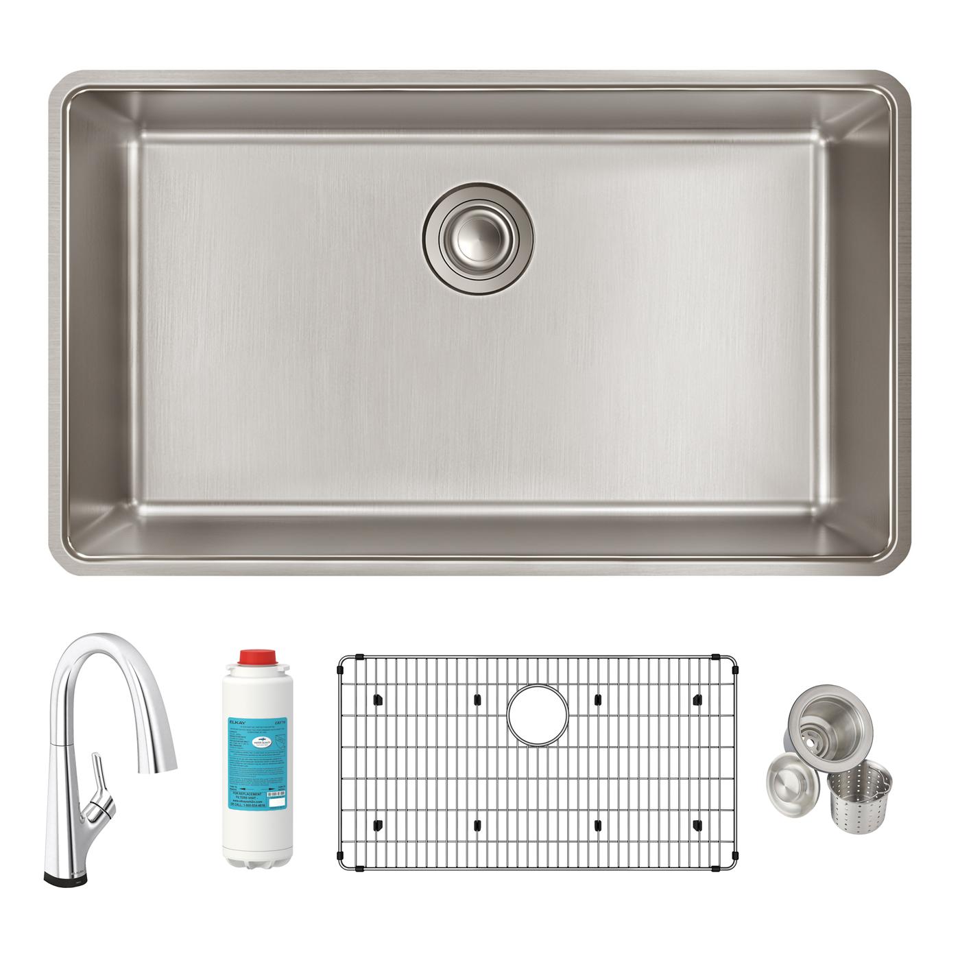 Elkay Tarja Lustertone Iconix® Calibre 18 Acero Inoxidable 32-1/2" x 19-1/2" x 9" de Un Tazón Bajo Cubierta (Kit con Llave Filtrada) — ambiente de cocina