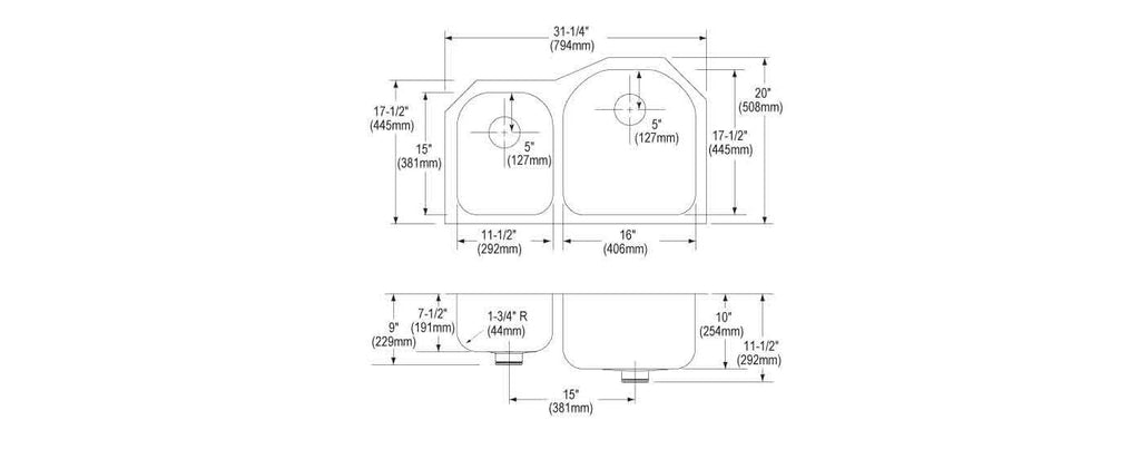 Elkay Tarja Lustertone® Classic Acero Inoxidable 31-1/4" x 20" x 10" Offset 40/60 Double Bajo Cubierta con Perfect Drain® — vista de producto