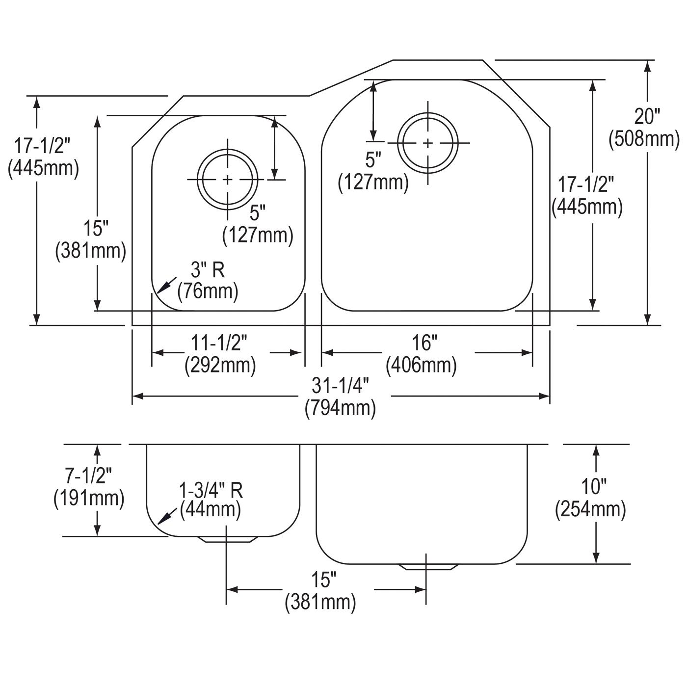 Elkay Tarja Lustertone® Classic Acero Inoxidable 31-1/4" x 20" x 10" Offset 40/60 de Dos Tazones Bajo Cubierta (Kit) — vista de producto