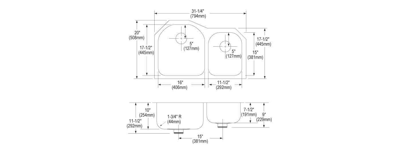 Elkay Tarja Lustertone® Classic Acero Inoxidable 31-1/4" x 20" x 10" Offset 60/40 Double Bajo Cubierta con Perfect Drain® — vista de producto