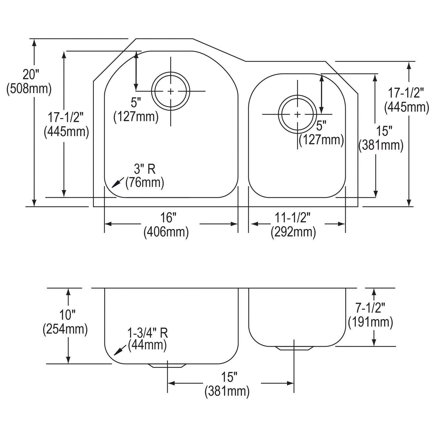 Elkay Tarja Lustertone® Classic Acero Inoxidable 31-1/4" x 20" x 10" Offset 60/40 de Dos Tazones Bajo Cubierta (Kit) — vista de producto