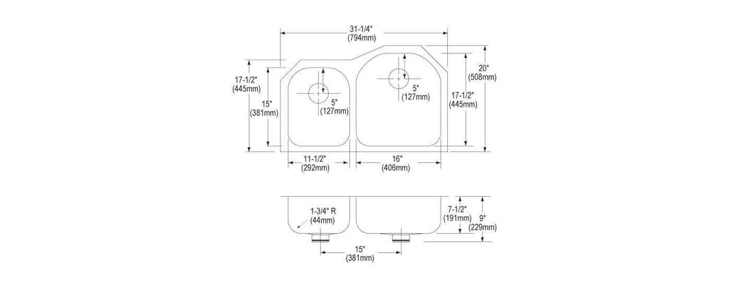 Elkay Tarja Lustertone® Classic Acero Inoxidable 31-1/4" x 20" x 7-1/2" Offset 40/60 Double Bajo Cubierta con Perfect Drain® — vista de producto