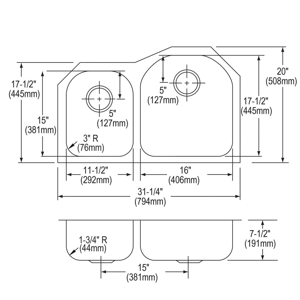 Elkay Tarja Lustertone® Classic Acero Inoxidable 31-1/4" x 20" x 7-1/2" Offset 40/60 de Dos Tazones Bajo Cubierta — vista de producto