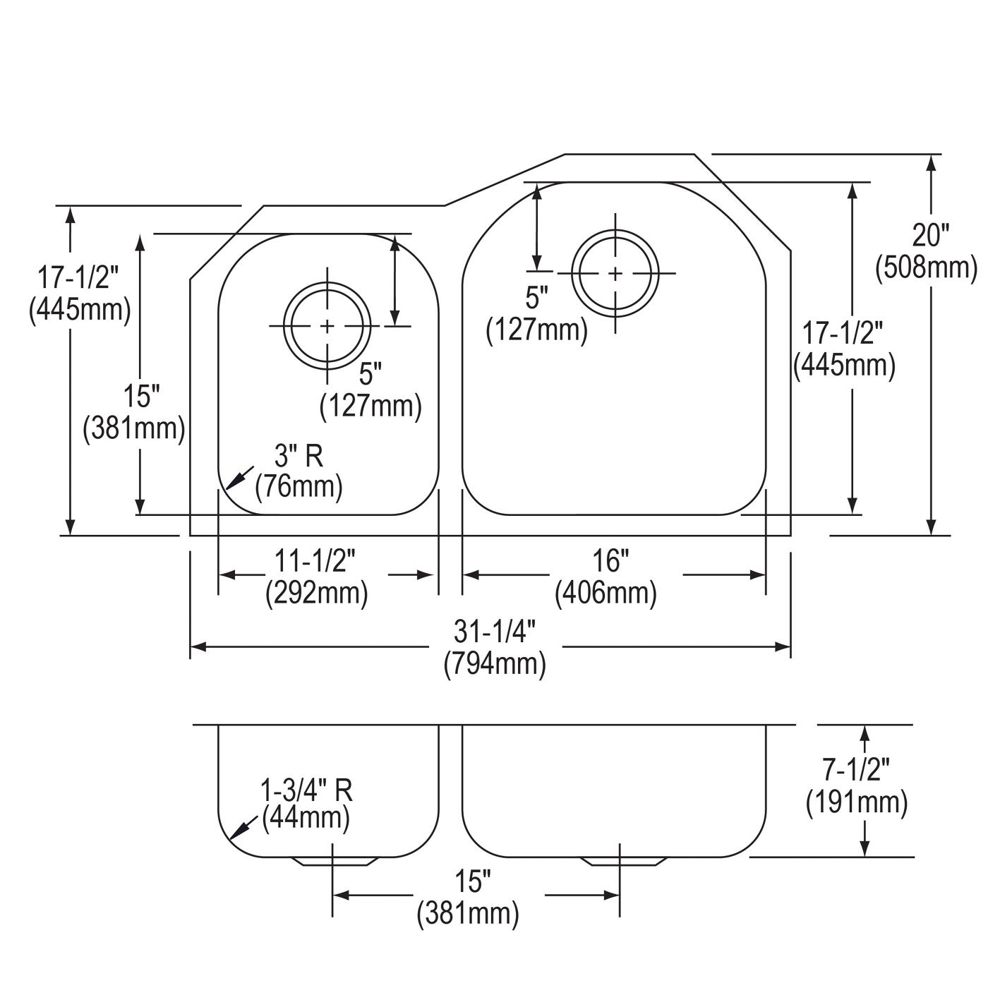 Elkay Tarja Lustertone® Classic Acero Inoxidable 31-1/4" x 20" x 7-1/2" Offset 40/60 de Dos Tazones Bajo Cubierta (Kit) — vista de producto