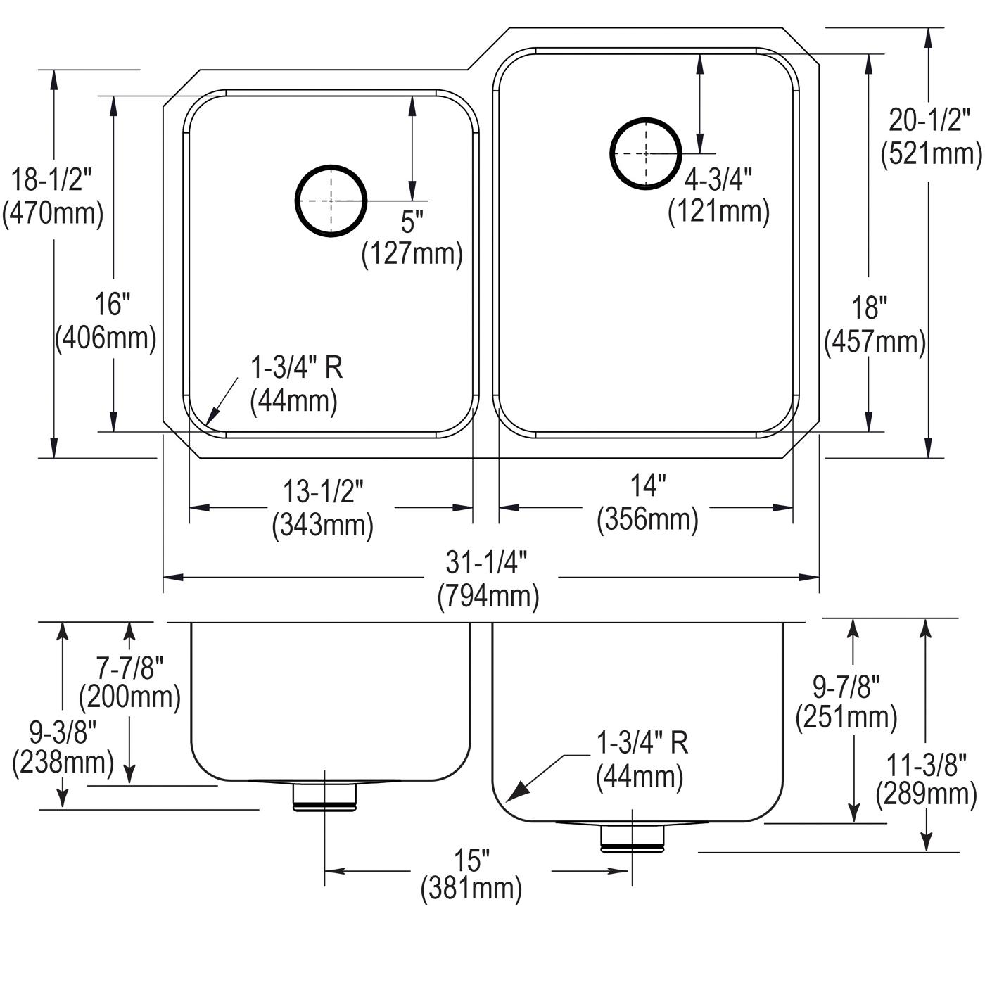 Elkay Tarja Lustertone® Classic Acero Inoxidable 31-1/4" x 20-1/2" x 9-7/8" de Dos Tazones Bajo Cubierta (Kit) with Left Perfect Drain® — vista de producto