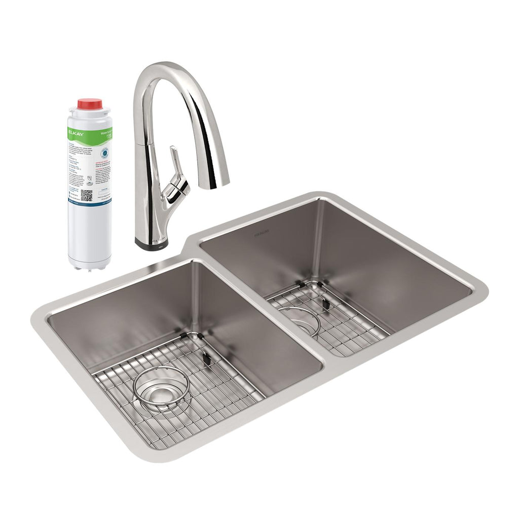 Elkay Tarja Lustertone Iconix® Calibre 18 Acero Inoxidable 31-1/4" x 20-1/2" x 9" Offset 40/60 Bowl Bajo Cubierta (Kit) w/Filter Faucet — vista de producto
