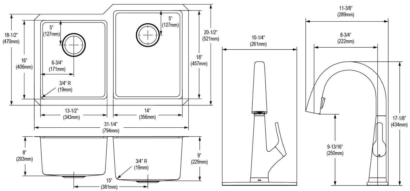 Elkay Tarja Lustertone Iconix® Calibre 18 Acero Inoxidable 31-1/4" x 20-1/2" x 9" Offset 40/60 Bowl Bajo Cubierta (Kit) w/Filter Faucet — vista de producto