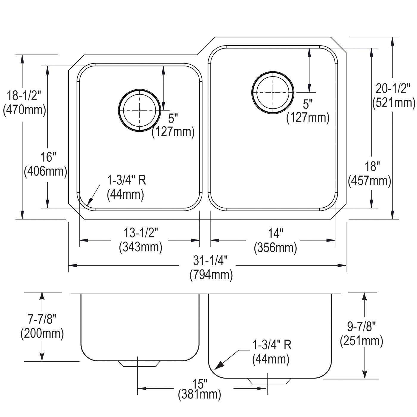 Elkay Tarja Lustertone® Classic Acero Inoxidable 31-1/4" x 20-1/2" x 9-7/8" Offset de Dos Tazones Bajo Cubierta — vista de producto