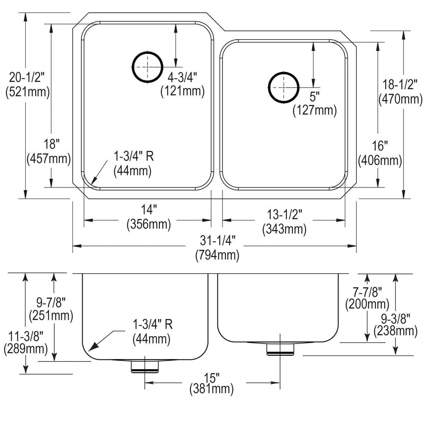 Elkay Tarja Lustertone® Classic Acero Inoxidable 31-1/4" x 20-1/2" x 9-7/8" de Dos Tazones Bajo Cubierta (Kit) with Right Perfect Drain® — vista de producto