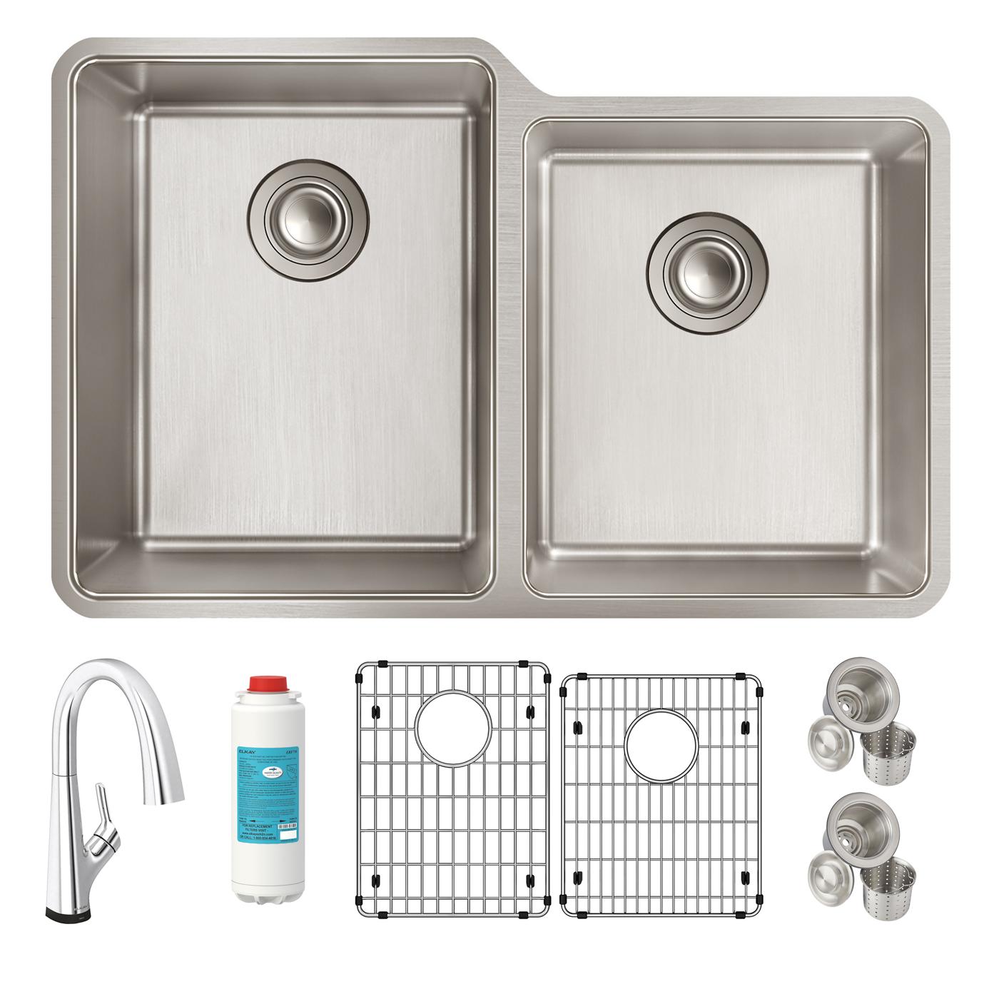 Elkay Tarja Lustertone Iconix® Calibre 18 Acero Inoxidable 31-1/4" x 20-1/2" x 9" Offset 60/40 Bowl Bajo Cubierta (Kit) w/Filter Faucet — ambiente de cocina