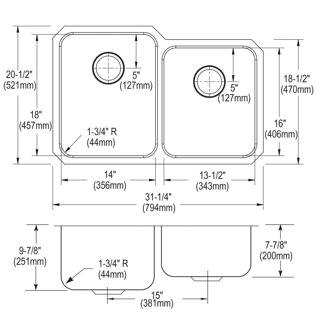 Elkay Tarja Lustertone® Classic Acero Inoxidable 31-1/4" x 20-1/2" x 9-7/8" Offset de Dos Tazones Bajo Cubierta — vista de producto