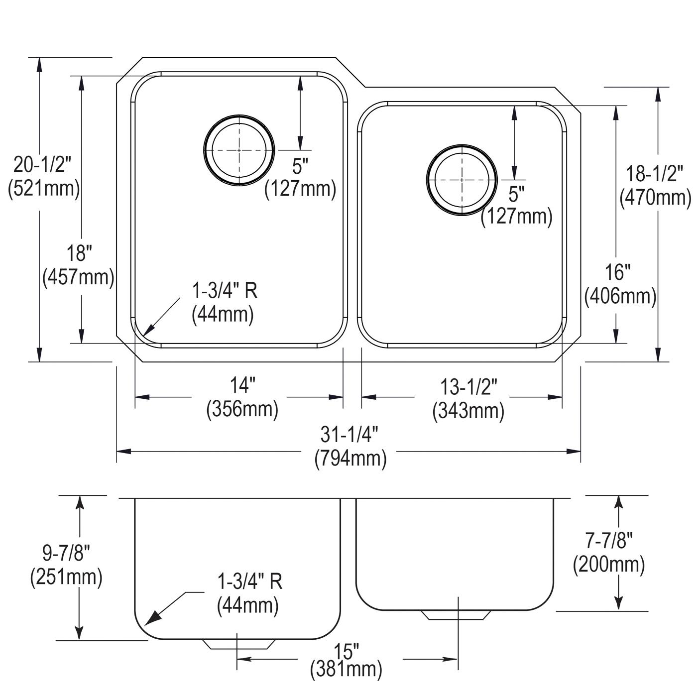 Elkay Tarja Lustertone® Classic Acero Inoxidable 31-1/4" x 20-1/2" x 9-7/8" Offset 60/40de Dos Tazones Bajo Cubierta (Kit) — vista de producto