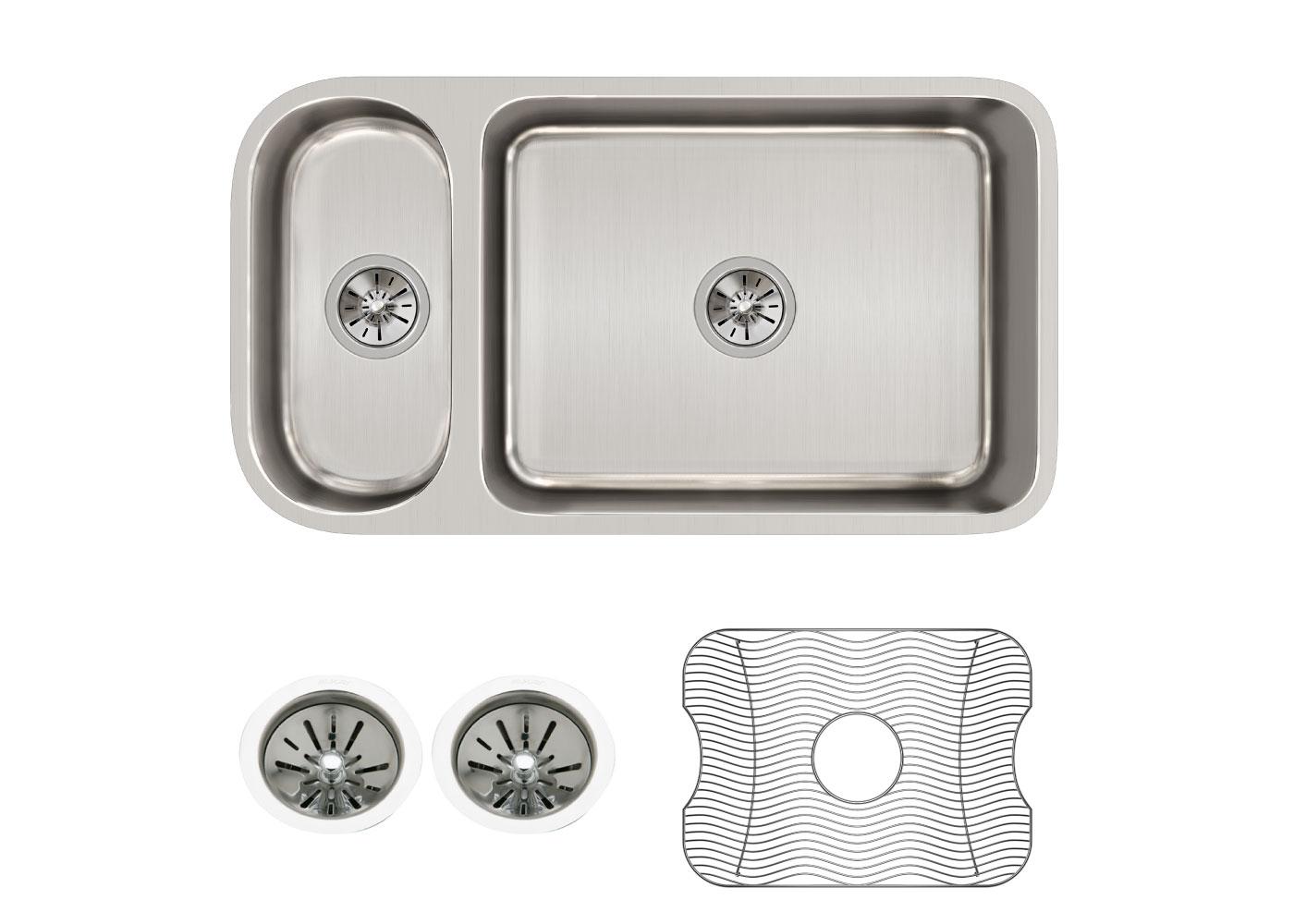 Elkay Tarja Lustertone® Classic Acero Inoxidable 32-1/4" x 18-1/4" x 7-3/4" 30/70 de Dos Tazones Bajo Cubierta (Kit) — ambiente de cocina