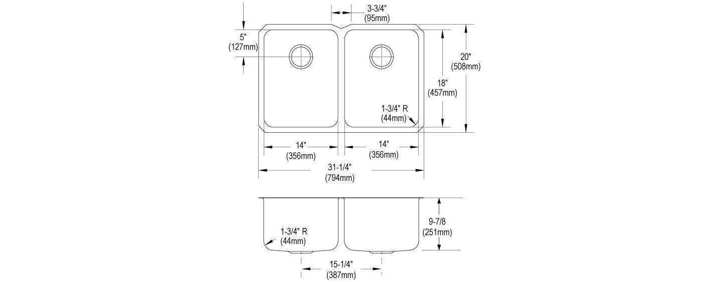 Elkay Tarja Lustertone® Classic Acero Inoxidable 31-1/4" x 20" x 9-7/8" de Dos Tazones Iguales Bajo Cubierta — vista de producto