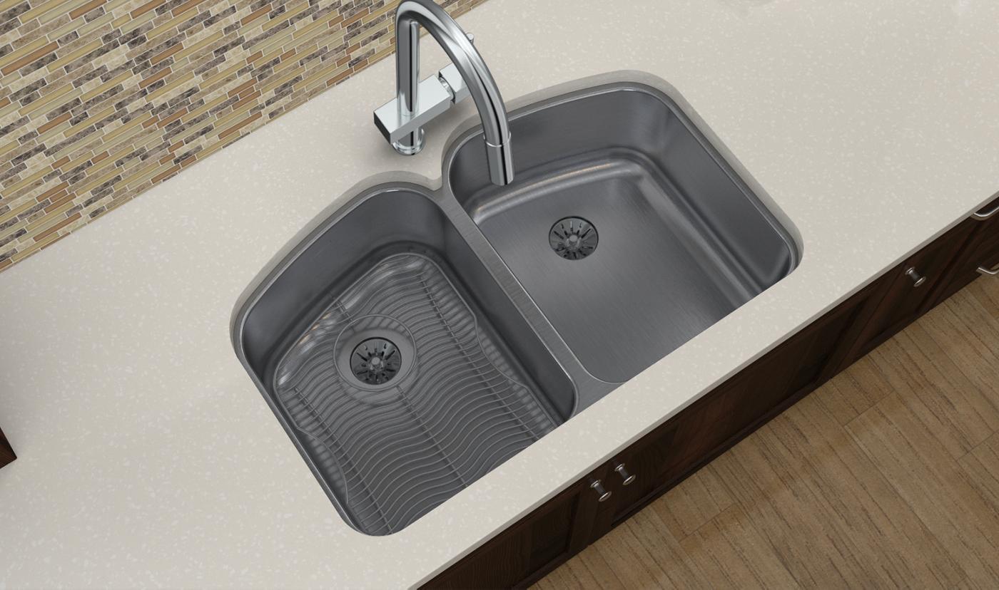Elkay Tarja Lustertone® Classic Acero Inoxidable 32-3/4" x 20-13/16" x 9" de Dos Tazones Bajo Cubierta con Perfect Drain® — ambiente de cocina