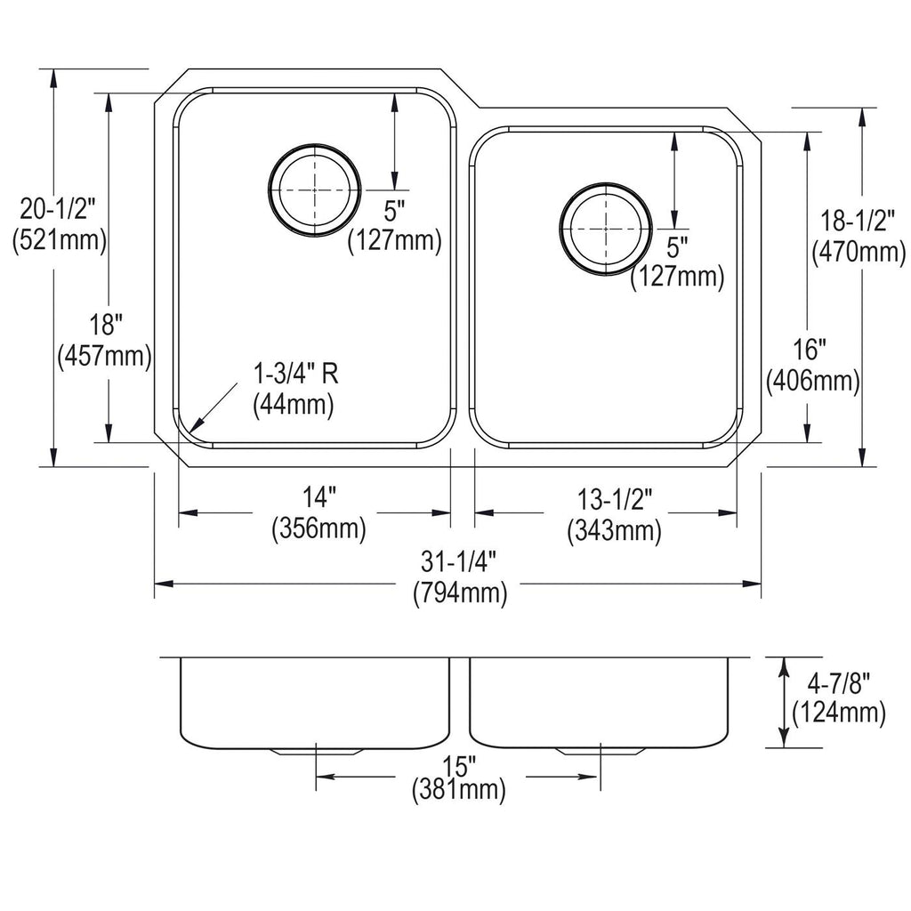 Elkay Tarja Lustertone® Classic Acero Inoxidable 31-1/4" x 20-1/2" x 4-7/8" Offset de Dos Tazones ADA Bajo Cubierta — vista de producto