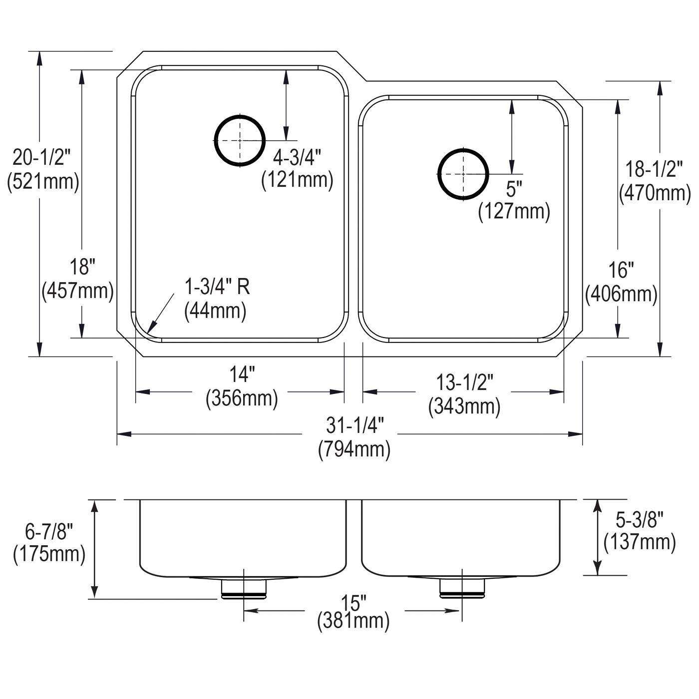 Elkay Tarja Lustertone® Classic Acero Inoxidable 31-1/4" x 20-1/2" x 5-3/8" de Dos Tazones Bajo Cubierta ADA con Perfect Drain® — vista de producto