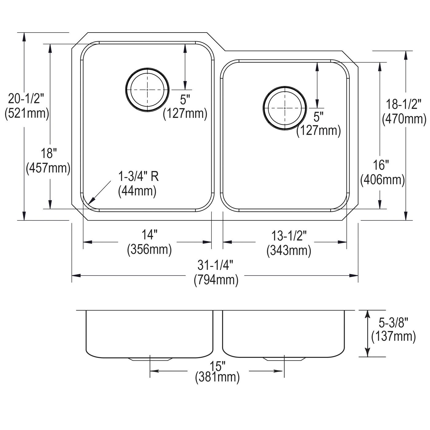 Elkay Tarja Lustertone® Classic Acero Inoxidable 31-1/4" x 20-1/2" x 5-3/8" Offset de Dos Tazones ADA Bajo Cubierta — vista de producto