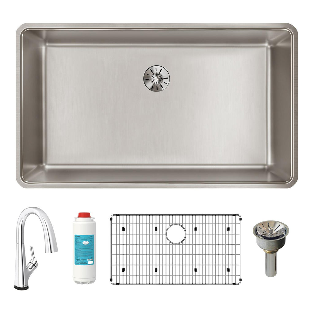 Elkay Tarja Lustertone Iconix® Calibre 16 Acero Inoxidable 32-1/2" x 19-1/2" x 9" de Un Tazón Bajo Cubierta (Kit con Llave Filtrada) with Perfect Drain® — ambiente de cocina