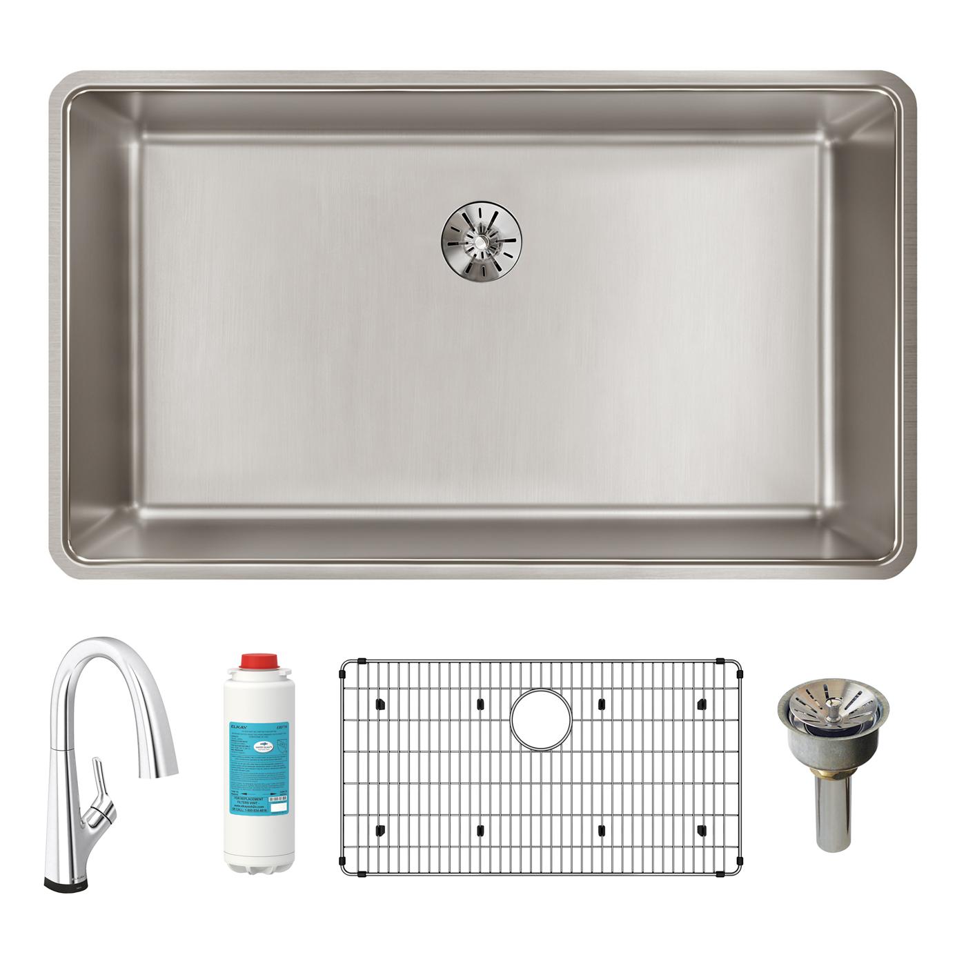 Elkay Tarja Lustertone Iconix® Calibre 16 Acero Inoxidable 32-1/2" x 19-1/2" x 9" de Un Tazón Bajo Cubierta (Kit con Llave Filtrada) with Perfect Drain® — ambiente de cocina