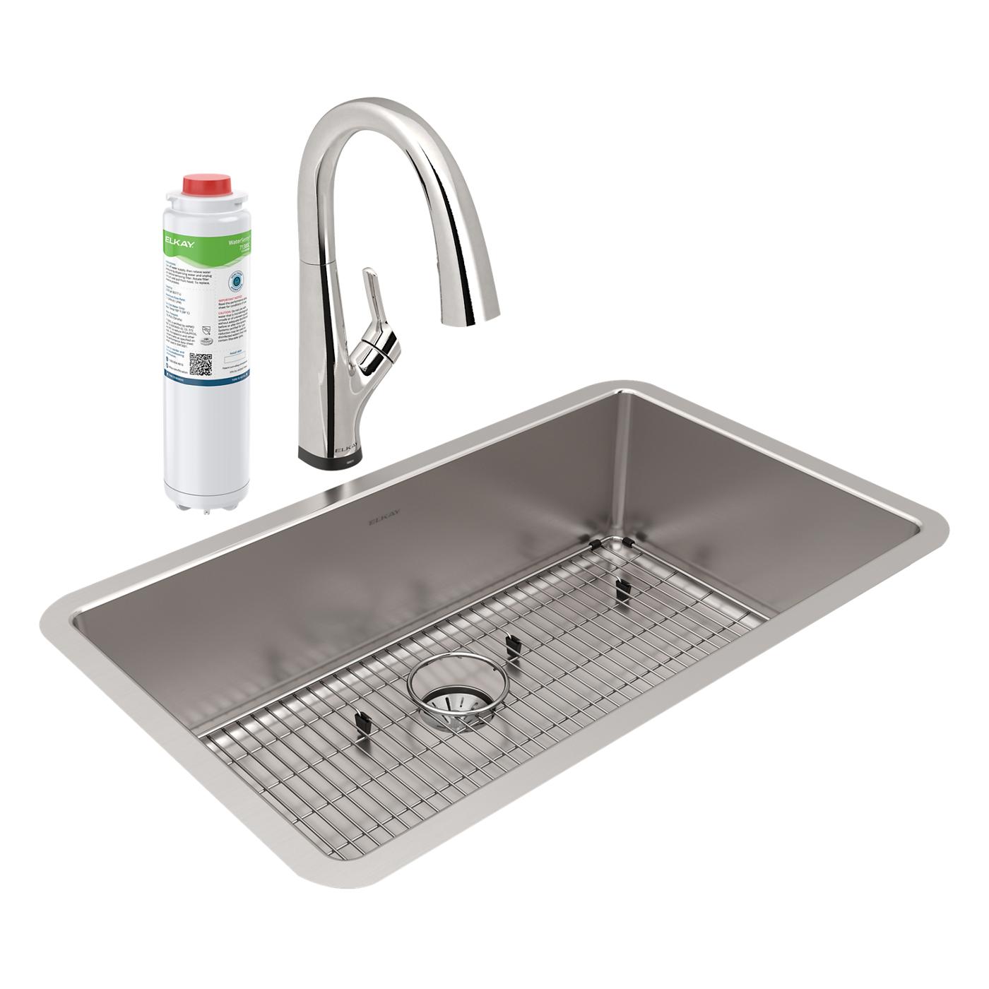 Elkay Tarja Lustertone Iconix® Calibre 16 Acero Inoxidable 32-1/2" x 19-1/2" x 9" de Un Tazón Bajo Cubierta (Kit con Llave Filtrada) with Perfect Drain® — vista de producto