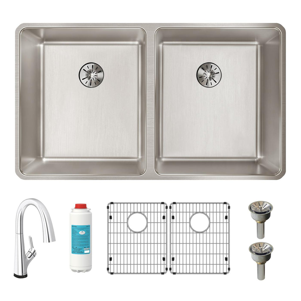 Elkay Tarja Lustertone Iconix® Calibre 16 Acero Inoxidable 32-3/4" x 19-1/2" x 9" de Dos Tazones Bajo Cubierta (Kit con Llave Filtrada) with Perfect Drain® — ambiente de cocina