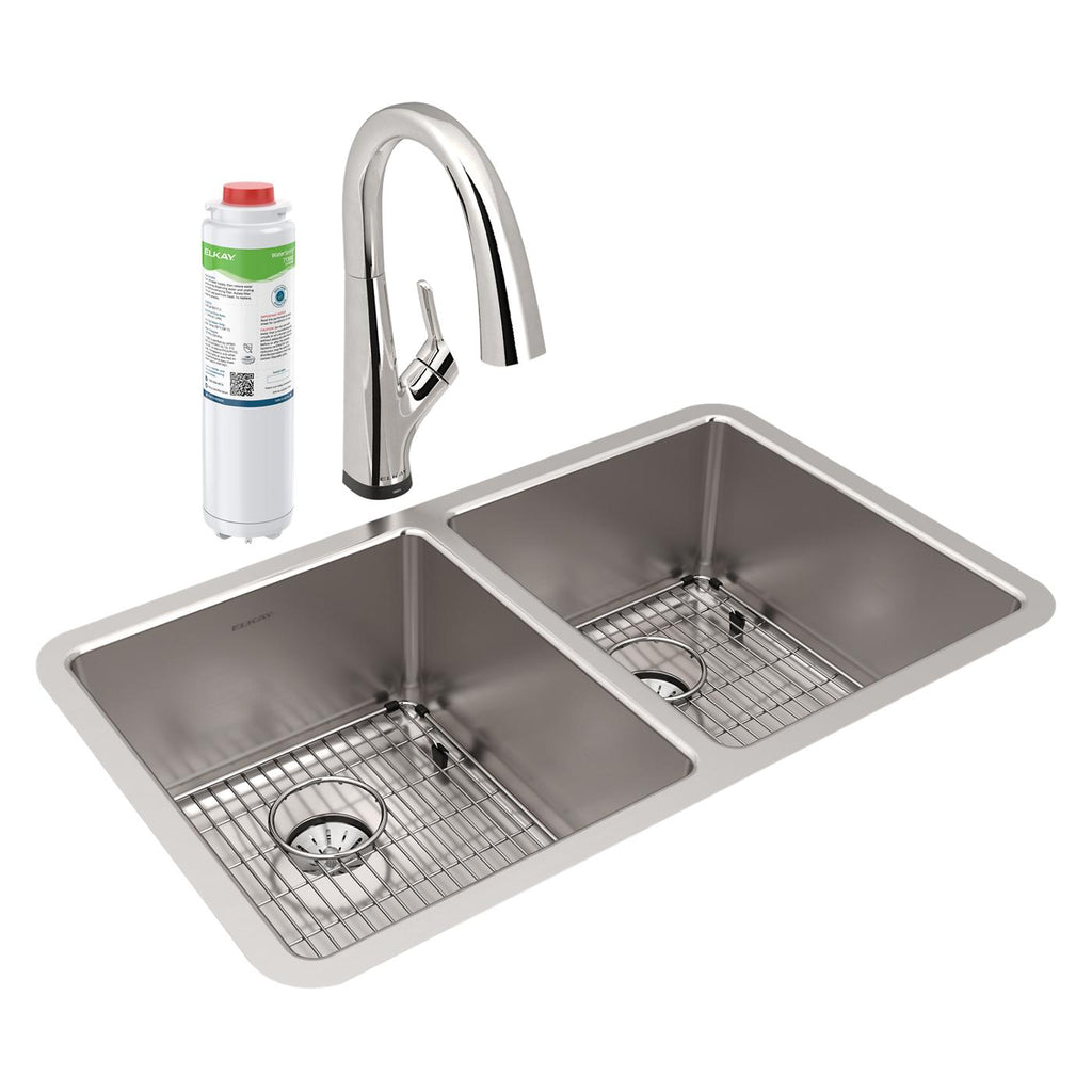 Elkay Tarja Lustertone Iconix® Calibre 16 Acero Inoxidable 32-3/4" x 19-1/2" x 9" de Dos Tazones Bajo Cubierta (Kit con Llave Filtrada) with Perfect Drain® — vista de producto