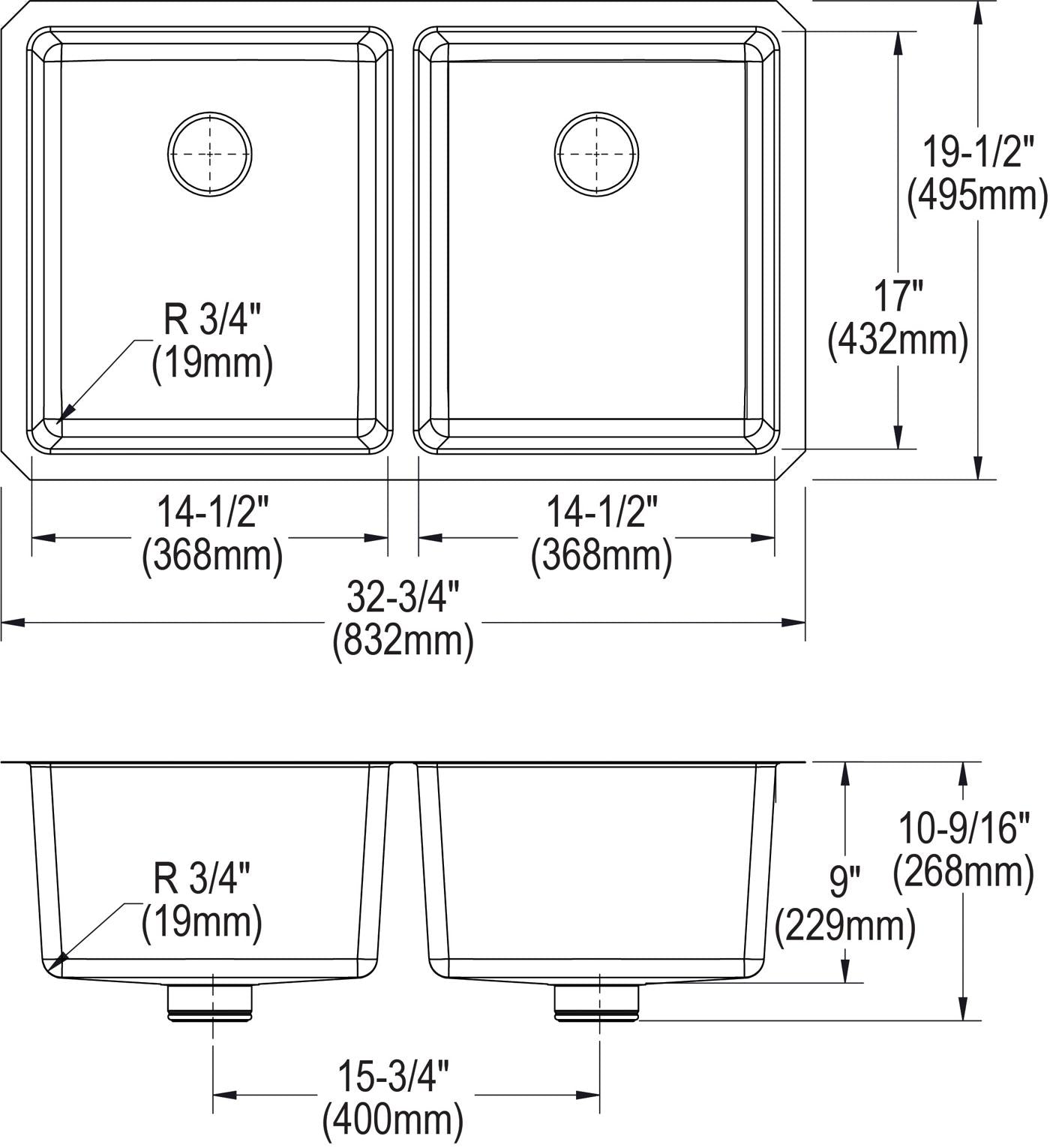 Elkay Tarja Lustertone Iconix® Calibre 16 Acero Inoxidable 32-3/4" x 19-1/2" x 9" de Dos Tazones Bajo Cubierta (Kit) with Perfect Drain® — vista de producto