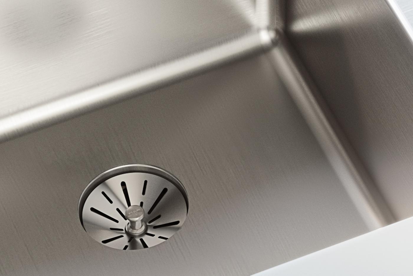 Elkay Tarja Lustertone Iconix® Calibre 16 Acero Inoxidable 31-1/4" x 20-1/2" x 9" de Dos Tazones Bajo Cubierta with Left Perfect Drain® — ambiente de cocina