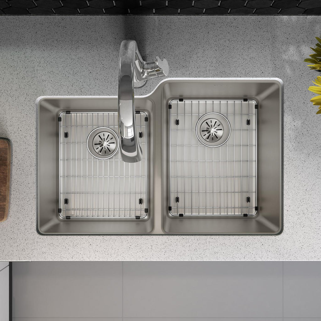 Elkay Tarja Lustertone Iconix® 16 Ga Acero Inoxidable 31-1/4" x 20-1/2" x 9" Offset 40/60 Bowl Umt (Kit) w/Perfect Drain®&Fltr Fct — ambiente de cocina