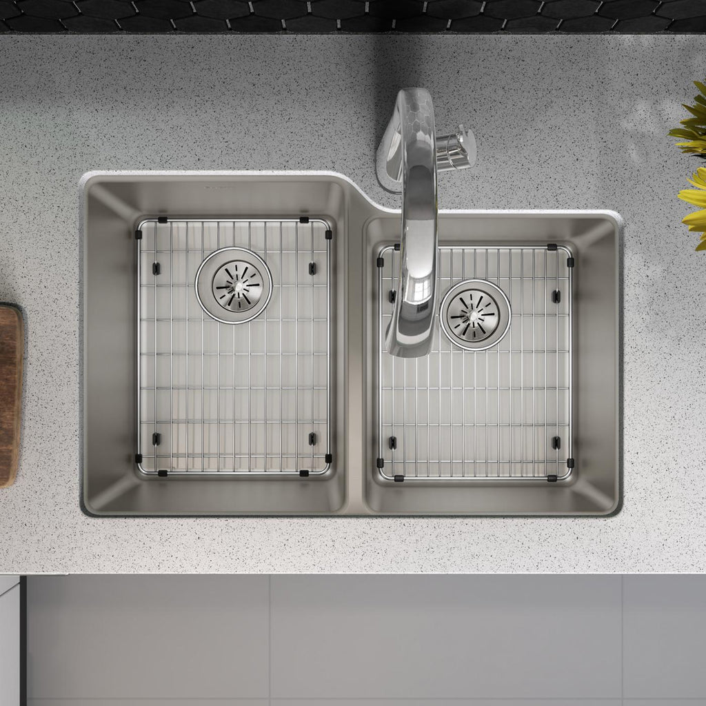 Elkay Tarja Lustertone Iconix® 16 Ga Acero Inoxidable 31-1/4" x 20-1/2" x 9" Offset 60/40 Bowl Umt (Kit) w/Perfect Drain®&Fltr Fct — ambiente de cocina