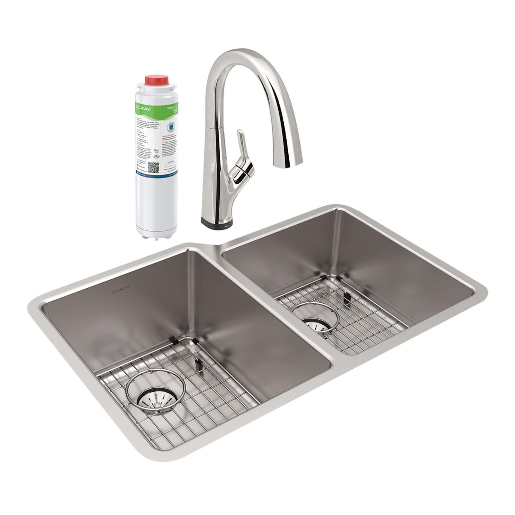 Elkay Tarja Lustertone Iconix® 16 Ga Acero Inoxidable 31-1/4" x 20-1/2" x 9" Offset 60/40 Bowl Umt (Kit) w/Perfect Drain®&Fltr Fct — vista de producto