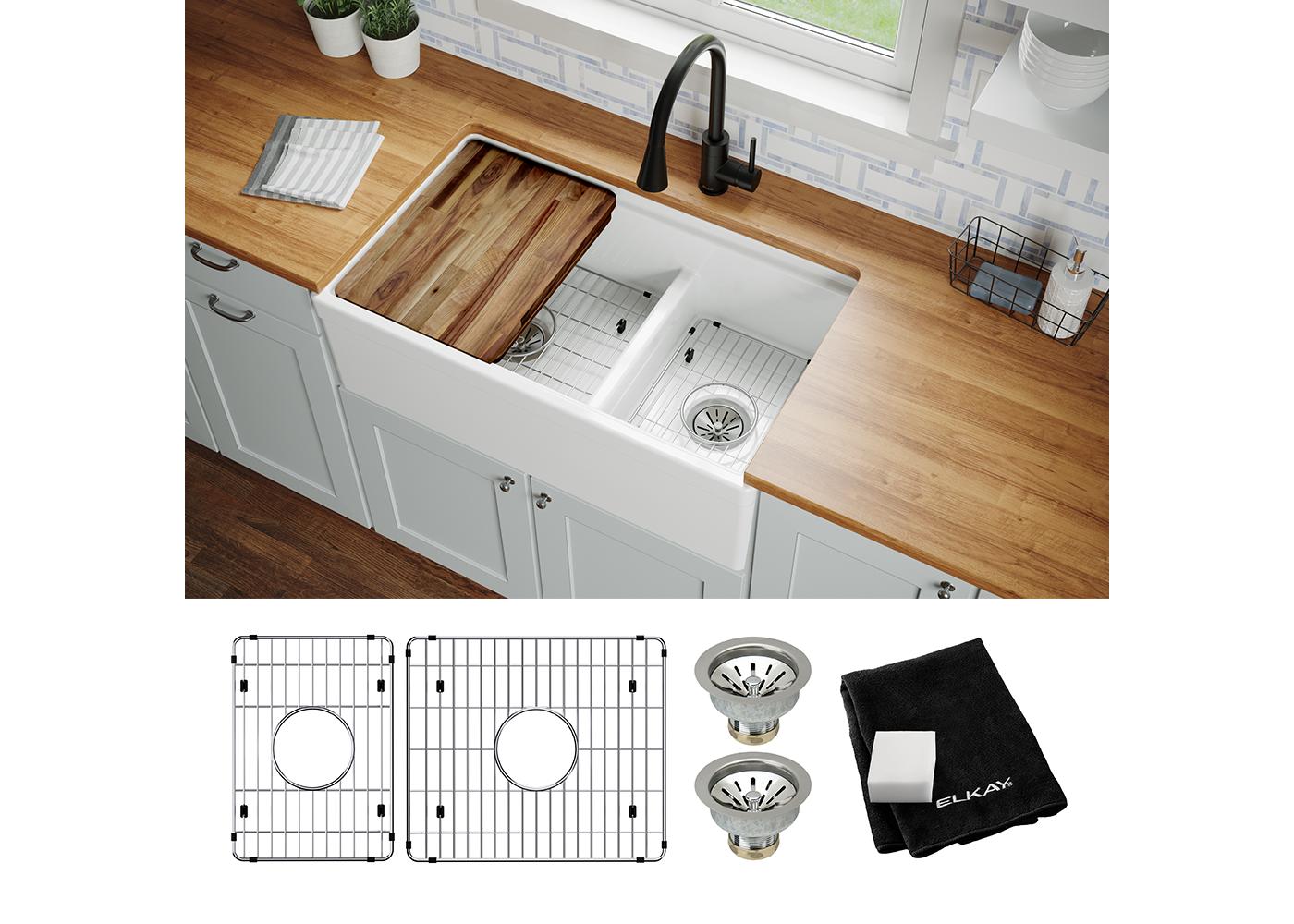 Elkay Tarja Fireclay 33" x 19-15/16" x 9-1/8" de Dos Tazones Farmhouse Workstation (Kit) con Aqua Divide Blanco — vista de producto