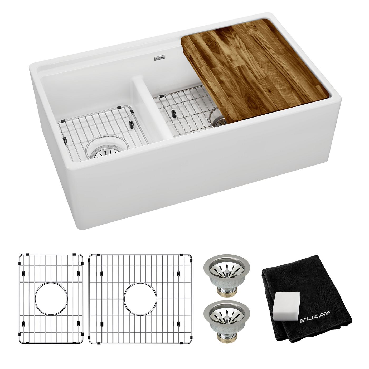 Elkay Tarja Fireclay 33" x 19-15/16" x 9-1/8" de Dos Tazones Farmhouse Workstation (Kit) con Aqua Divide Blanco — vista de producto