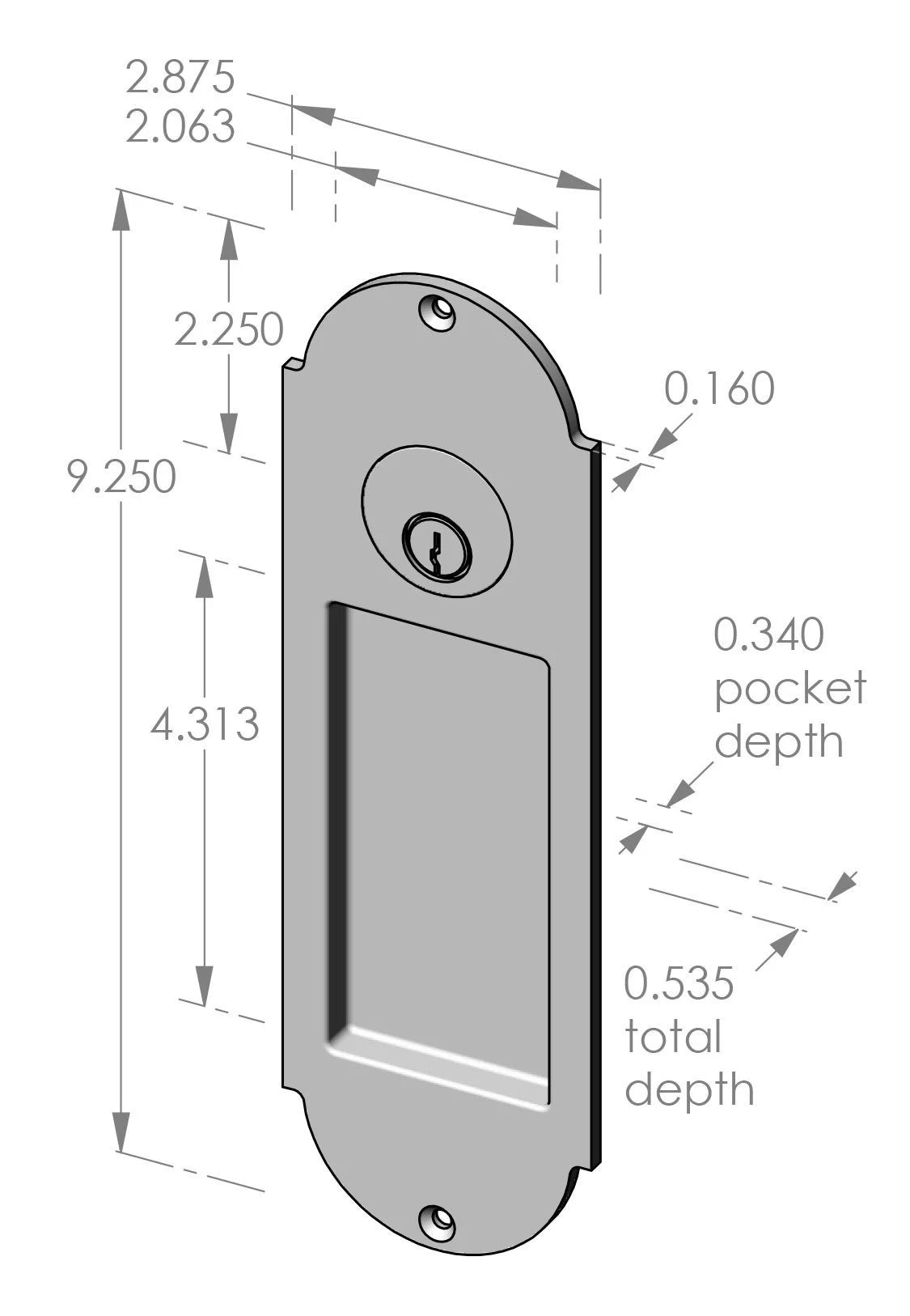 Arch Flush Pull with Cylinder (FP-A402K) — dibujo de especificaciones y dimensiones