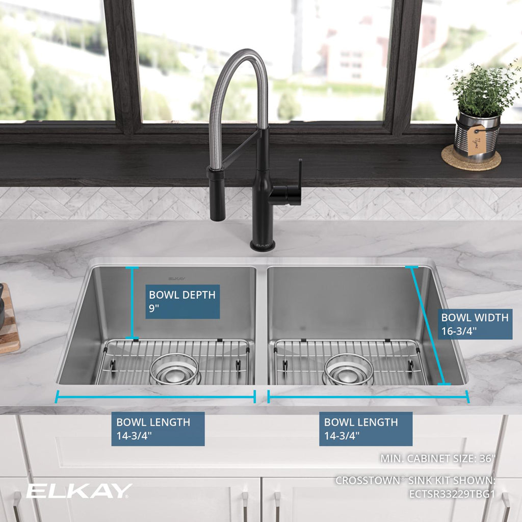 Elkay Tarja Crosstown® Calibre 18 Acero Inoxidable 33" x 22" x 9" de Dos Tazones Iguales de Doble Montaje (Kit) — ambiente de cocina