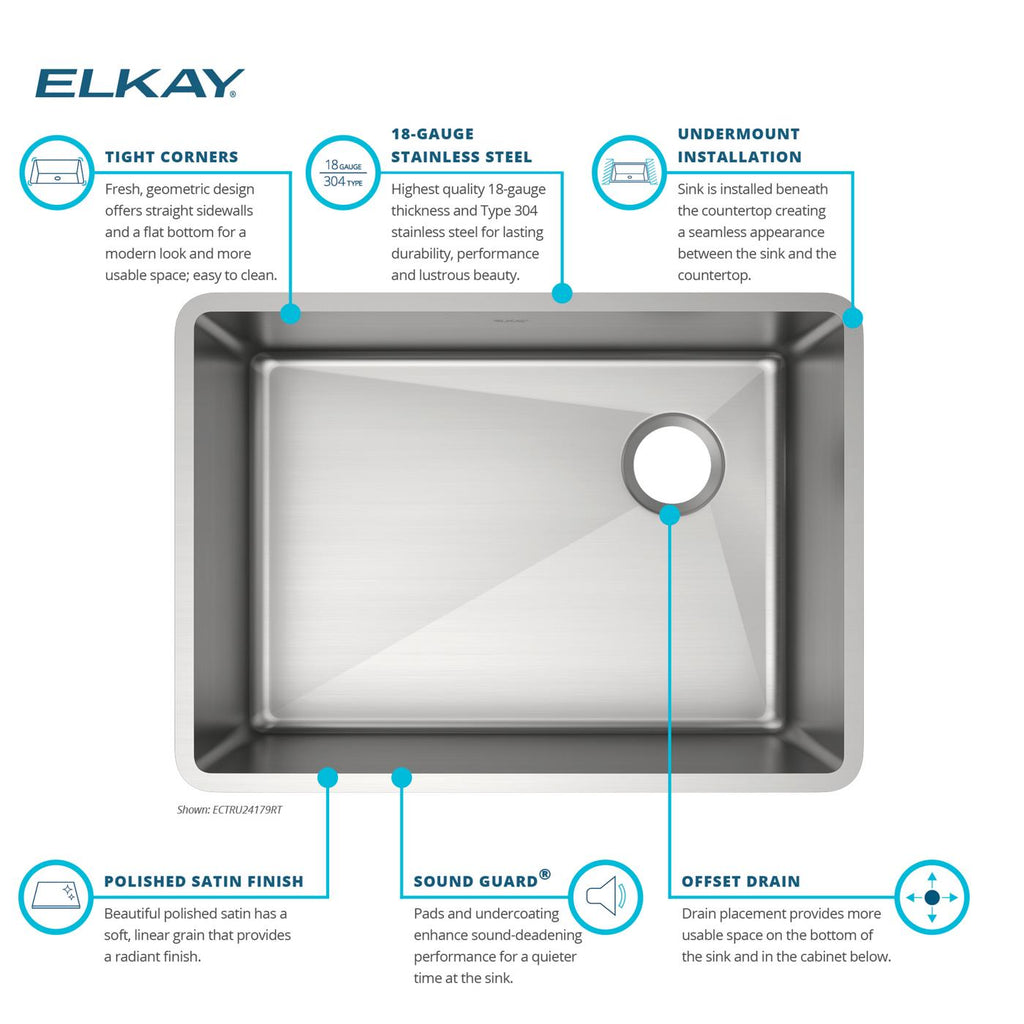 Elkay Tarja Crosstown® Calibre 18 Acero Inoxidable 25-1/2" x 18-1/2" x 9" de Un Tazón Bajo Cubierta — vista de producto