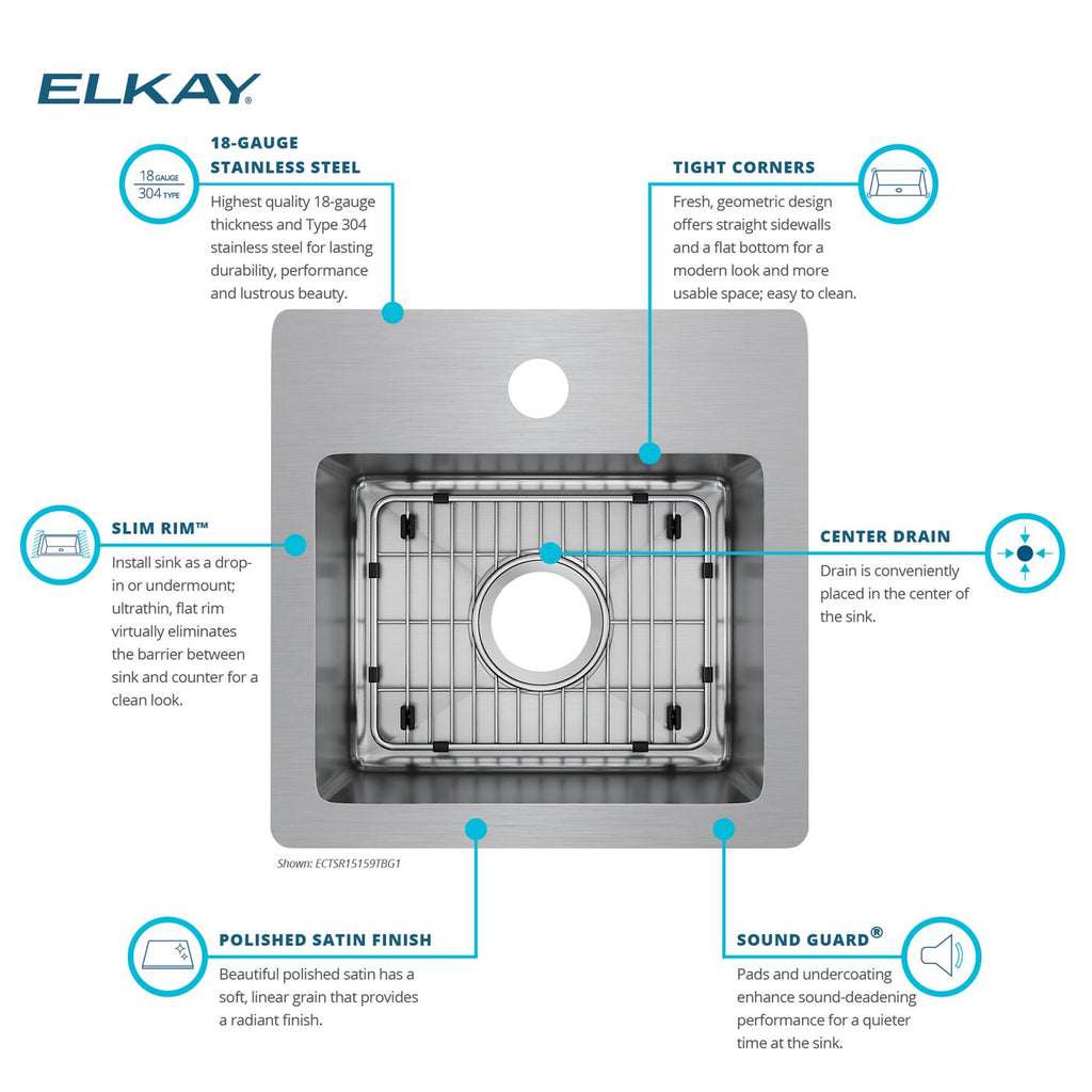 Elkay Tarja Crosstown® Calibre 18 Acero Inoxidable 15" x 15" x 9" de Un Tazón de Doble Montaje (Kit) — vista de producto