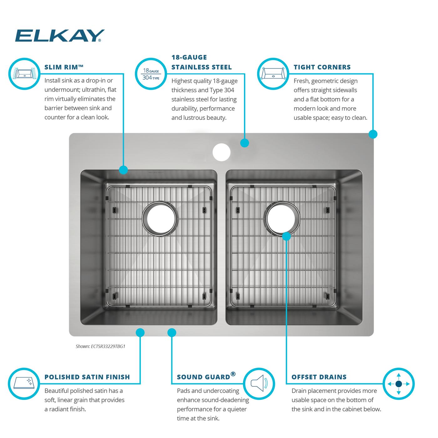 Elkay Tarja Crosstown® Calibre 18 Acero Inoxidable 33" x 22" x 9" de Dos Tazones Iguales de Doble Montaje (Kit) — vista de producto