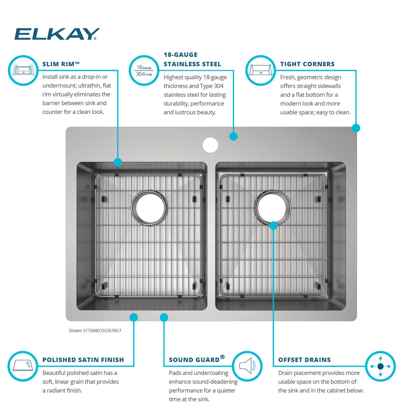 Elkay Tarja Crosstown® Calibre 18 Acero Inoxidable 33" x 22" x 6" de Dos Tazones Iguales de Doble Montaje ADA (Kit) — vista de producto