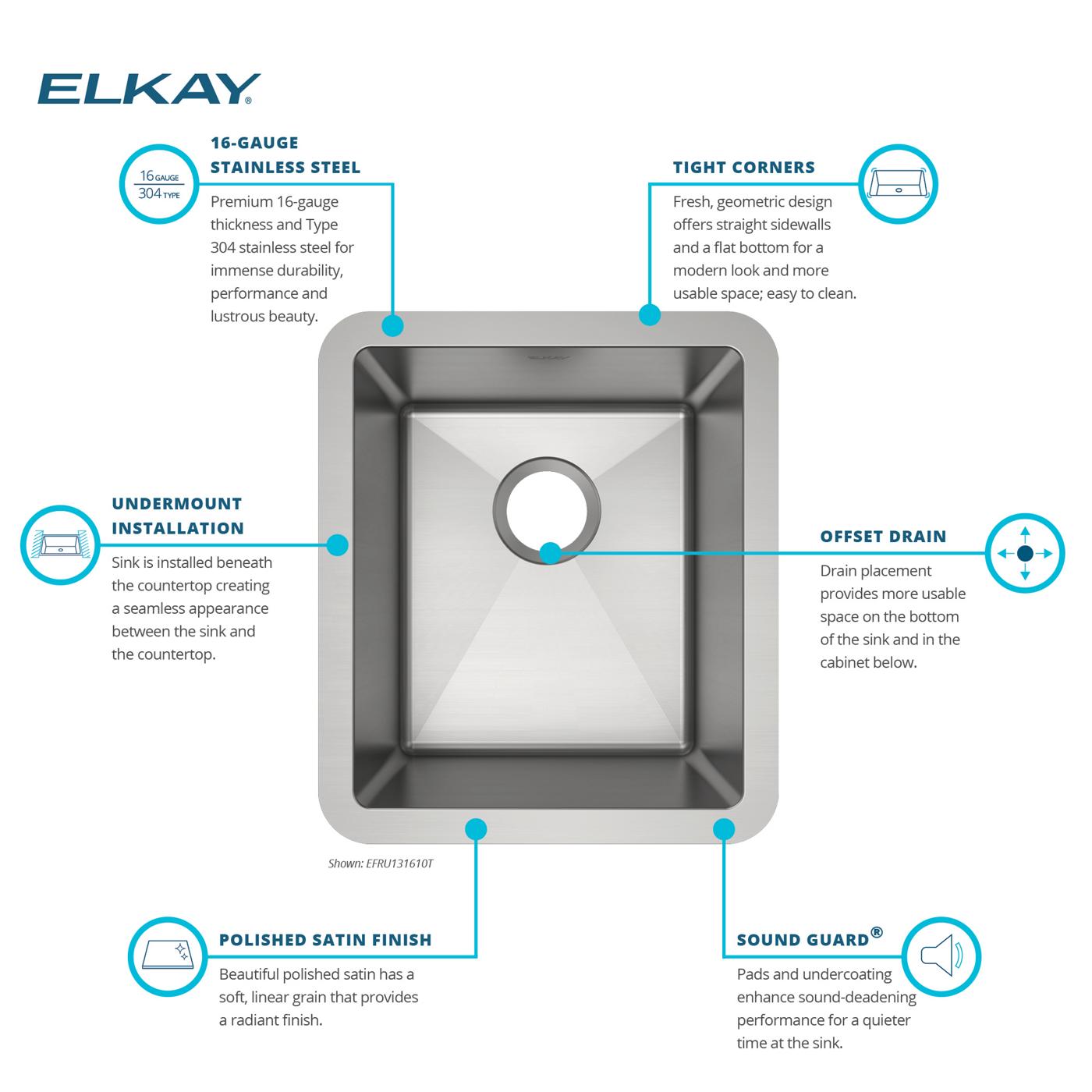 Elkay Tarja Crosstown® Calibre 16 Acero Inoxidable 16" x 18-1/2" x 10" de Un Tazón Bajo Cubierta — vista de producto