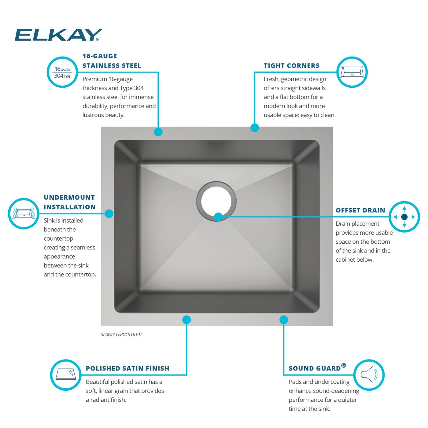 Elkay Tarja Crosstown® Calibre 16 Acero Inoxidable 21-1/2" x 18-1/2" x 10" de Un Tazón Bajo Cubierta — vista de producto