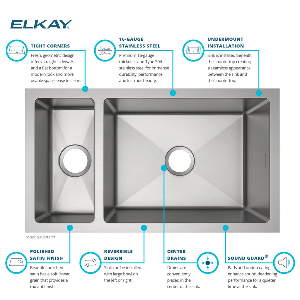 Elkay Tarja Crosstown® Calibre 16 Acero Inoxidable 32-1/4" x 18-1/4" x 10" 30/70 de Dos Tazones Bajo Cubierta — vista de producto