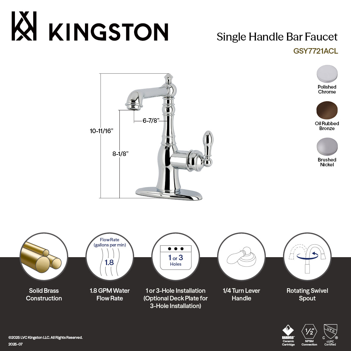 Kingston Brass Heirloom American Classic — Mezcladora de Bar de Cubierta, Una Manija, 3 Orificios — Níquel Cepillado (Surtidor 9-5/8") — Ambientación 1
