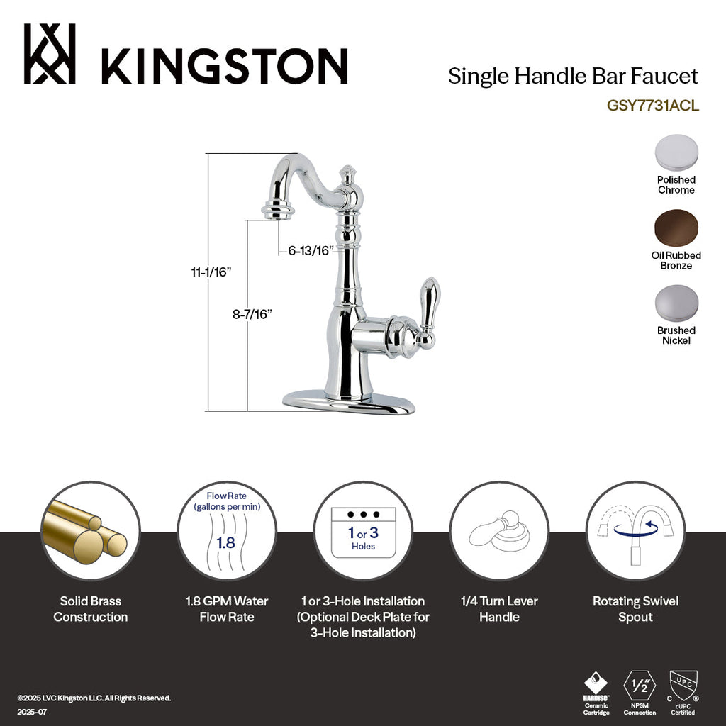 Kingston Brass Heirloom American Classic — Mezcladora de Bar de Cubierta, Una Manija, 3 Orificios — Níquel Cepillado (Surtidor 11-1/8") — Ambientación 1