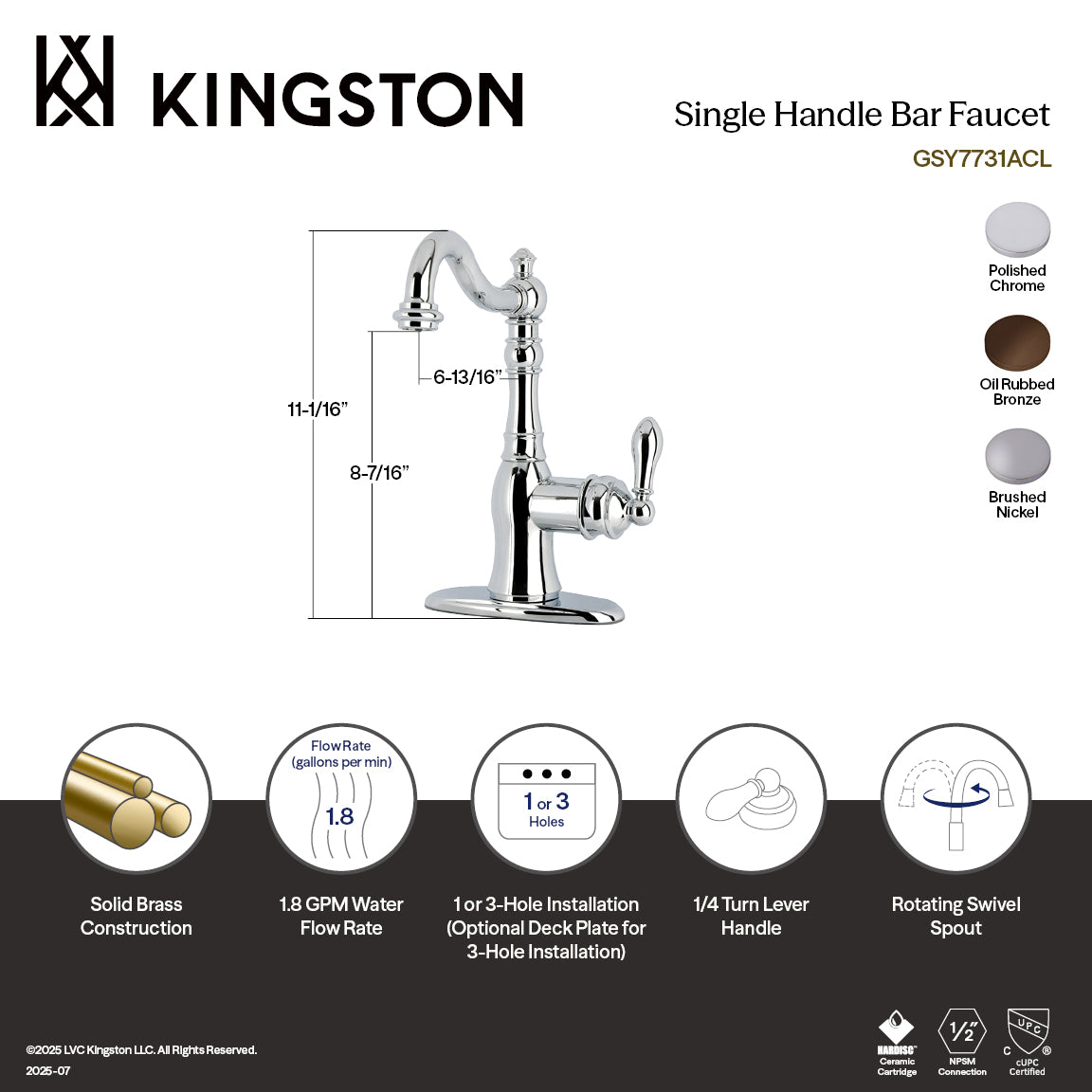Kingston Brass Heirloom American Classic — Mezcladora de Bar de Cubierta, Una Manija, 3 Orificios — Níquel Cepillado (Surtidor 11-1/8") — Ambientación 1
