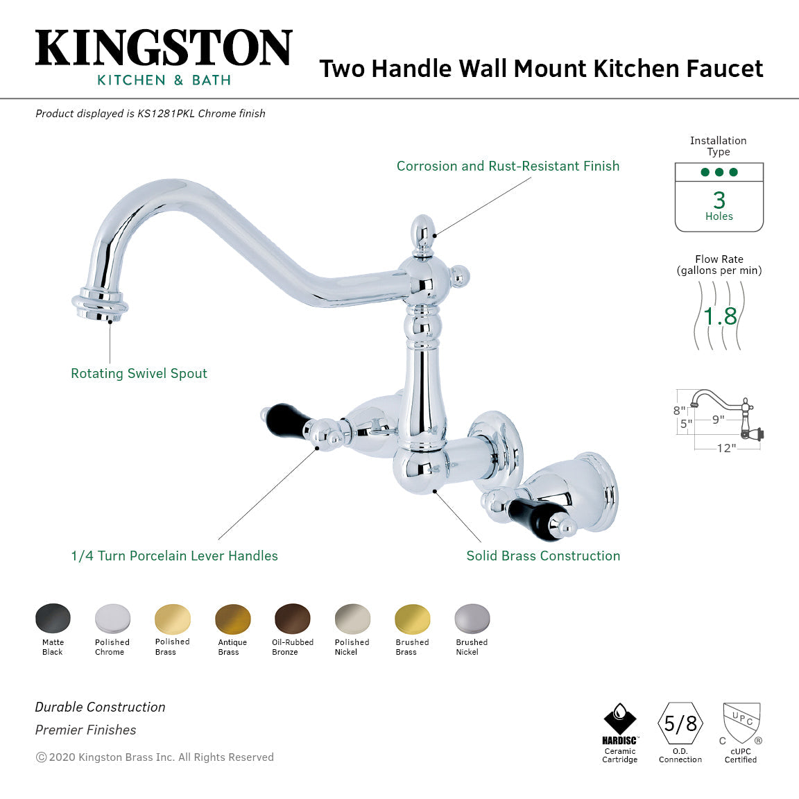 Kingston Brass Heirloom Duchess — Mezcladora de Cocina de Pared, Dos Manijas, 3 Orificios — Negro Mate — Ambientación 1