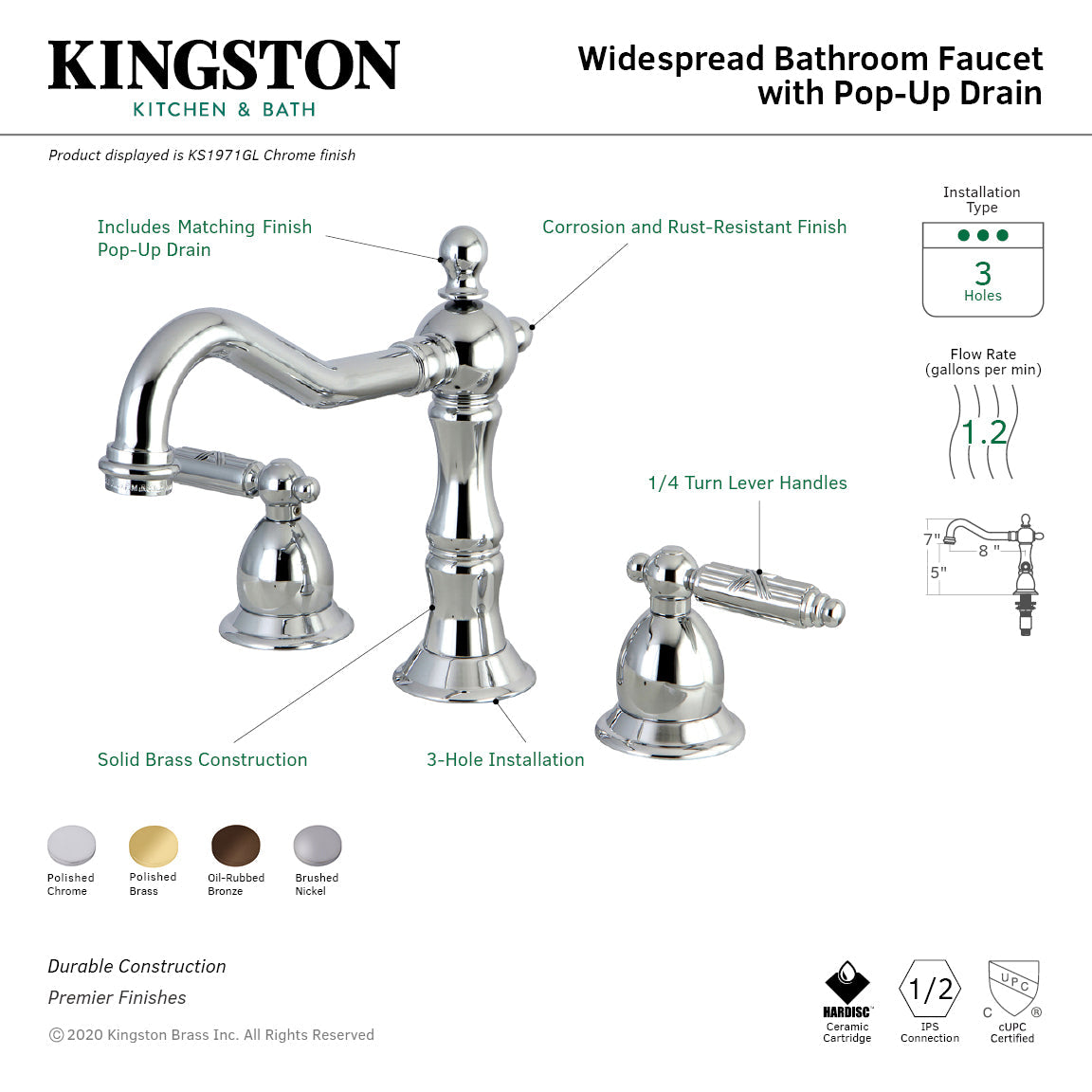 Kingston Brass Heritage - Llave de Lavabo Widespread (3 Orificios), con Dos Manerales — Guía de Instalación 1