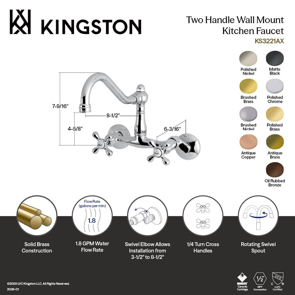 Kingston Brass Heirloom Vintage — Mezcladora Puente de Pared, Dos Manijas, 2 Orificios — Bronce Aceitado — Ambientación 13