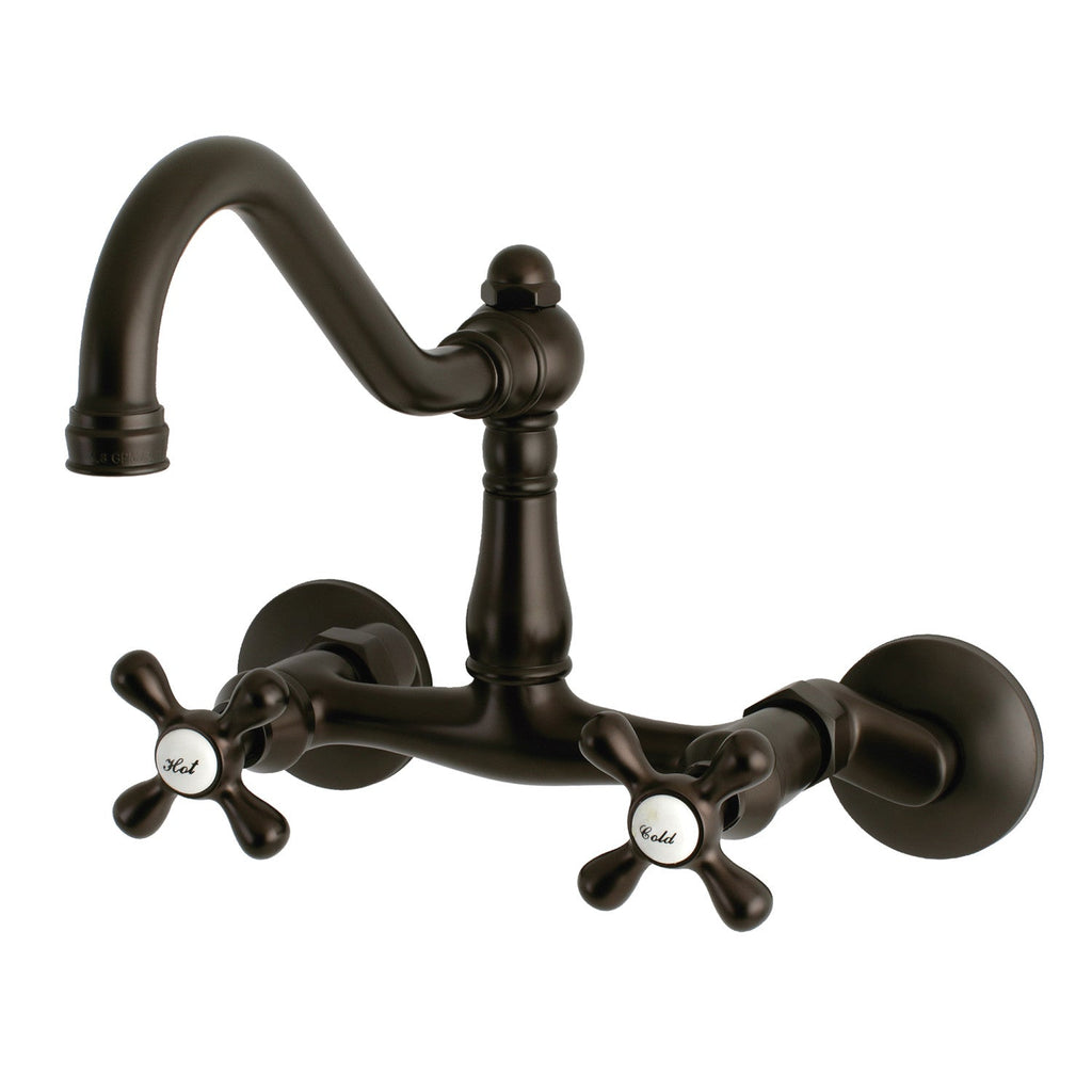 Kingston Brass Heirloom Vintage — Mezcladora Puente de Pared, Dos Manijas, 2 Orificios — Bronce Aceitado